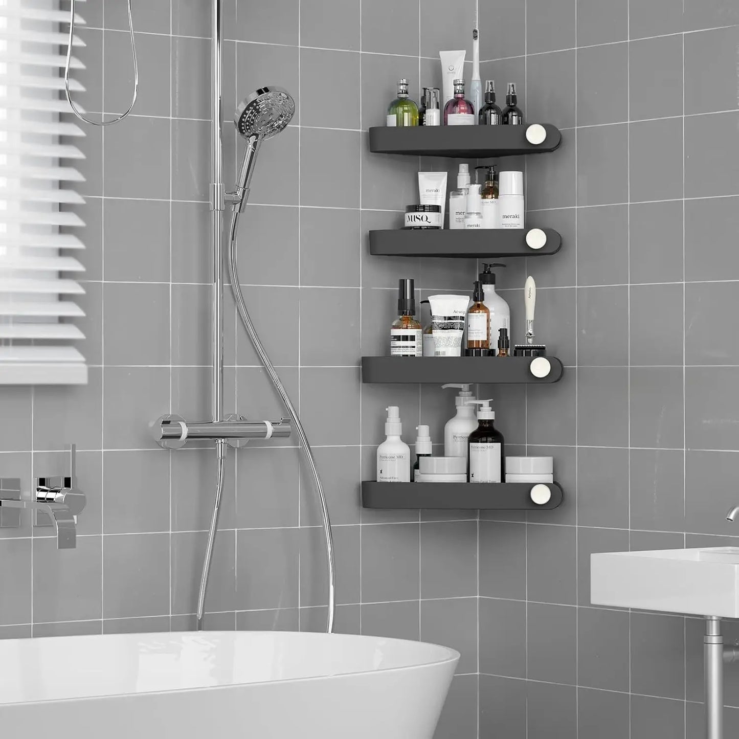 Plastic Shower Caddy Corner (for 90° Only), 4 Pack Adhesive Corner Shower Shelves for Smooth Wall Bathroom Organizers and Storage, Black