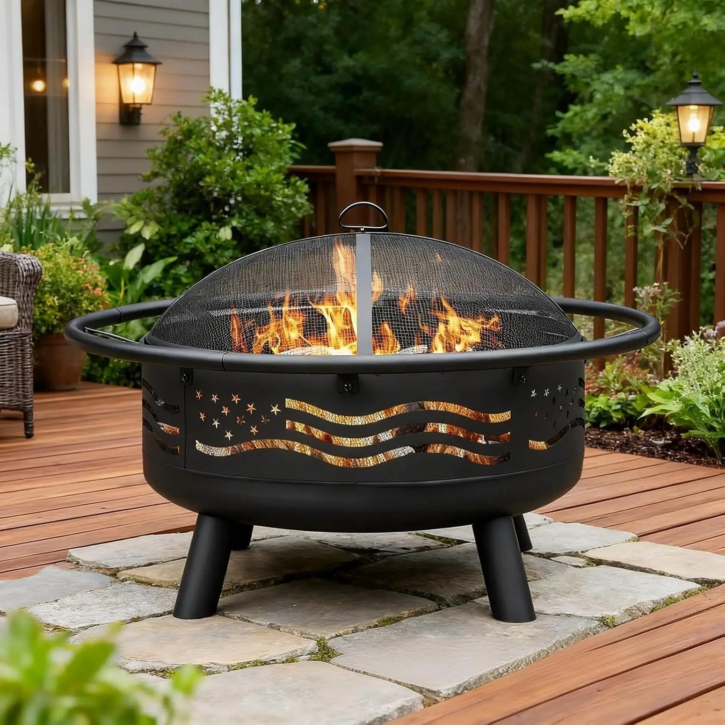 American Flag Fire Pit With Mesh Cover And Poker For Patio