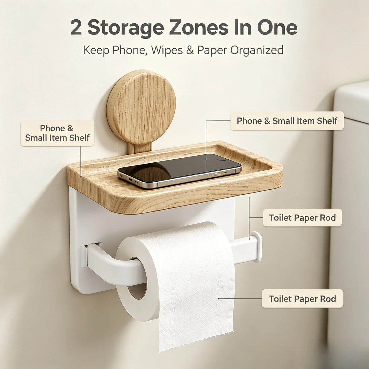 Wall Mount Suction Toilet Paper Holder With Storage Shelf