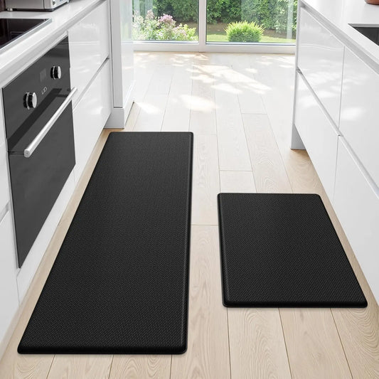 2-Piece Cushioned Kitchen Mat Set, Anti-Fatigue Non-Skid Floor Rug for Sink and Office, Black 17.3x30+47 Inches