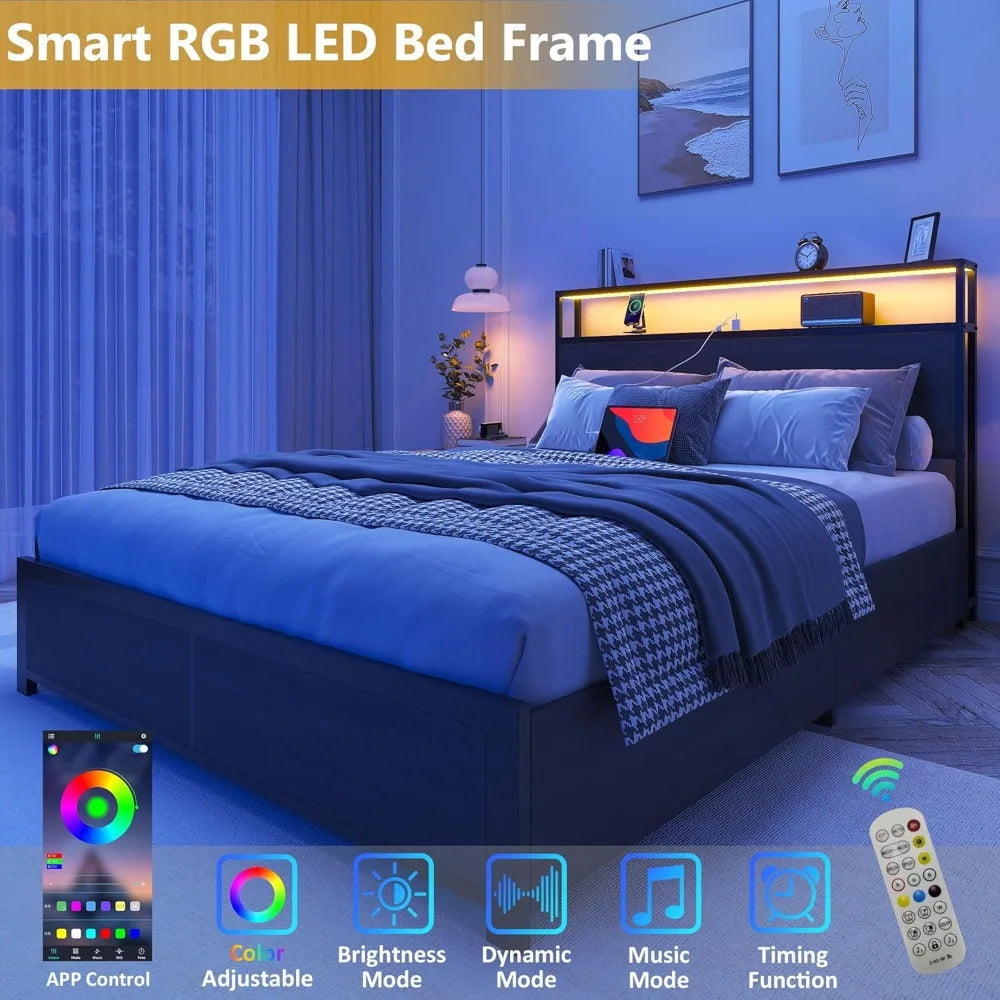 Full Bed Frame With 4 Drawers And Storage Headboard LED