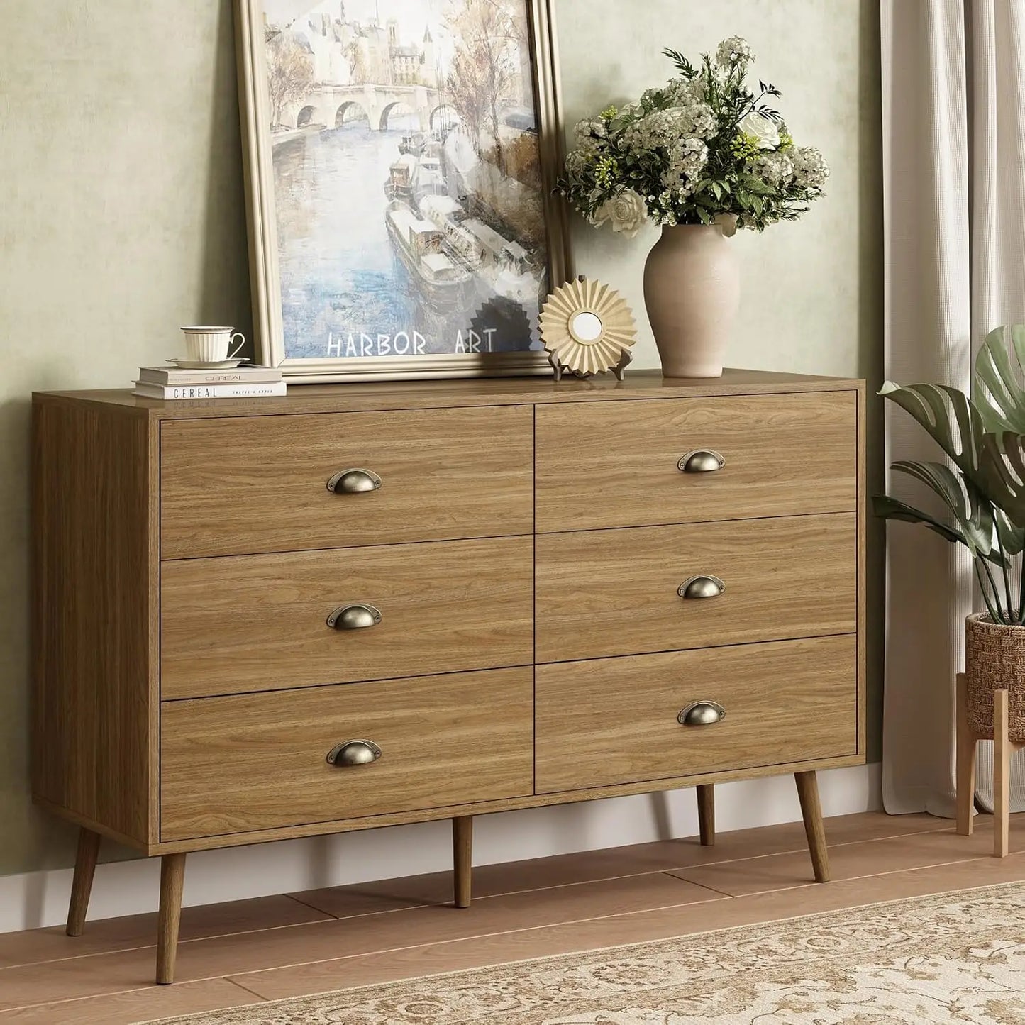 Walnut Brown Wood Dresser With Six Drawers For Bedroom