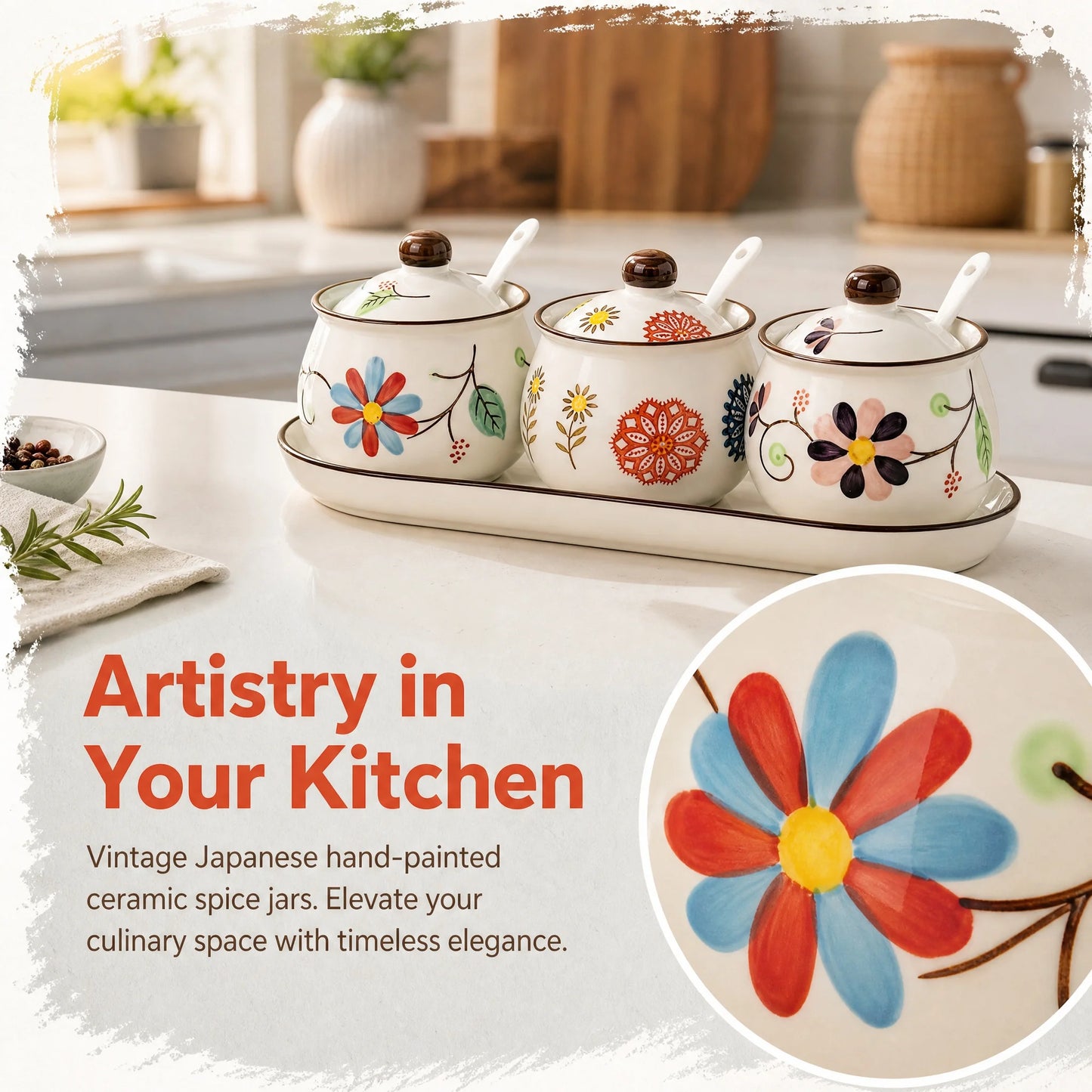 Three-Piece Ceramic Spice Jar Set With Tray Hand Painted Japanese
