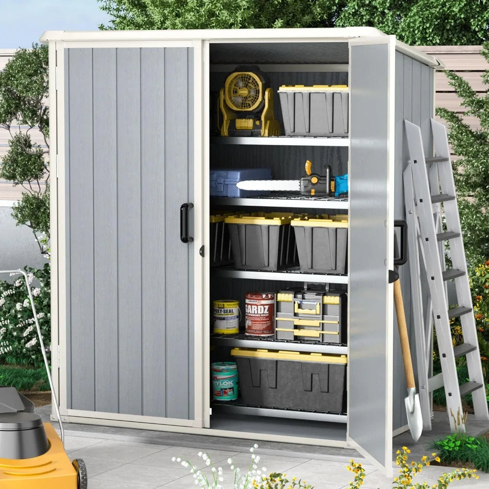 5 X 3 FT Outdoor Storage Shed, Resin Shed with Floor and Lockable Door, Plastic Shed for Bike, Garbage Can, Tool, Accessories