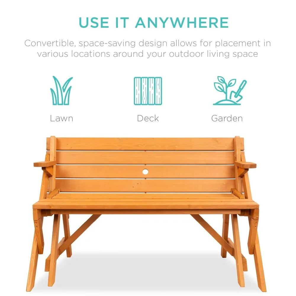 2-In-1 Transforming Outdoor Wooden Picnic Table Bench For Backyard Patio