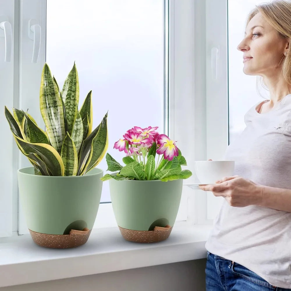 NBVCX Self Watering Plant Pots With Drainage Saucers Set 5