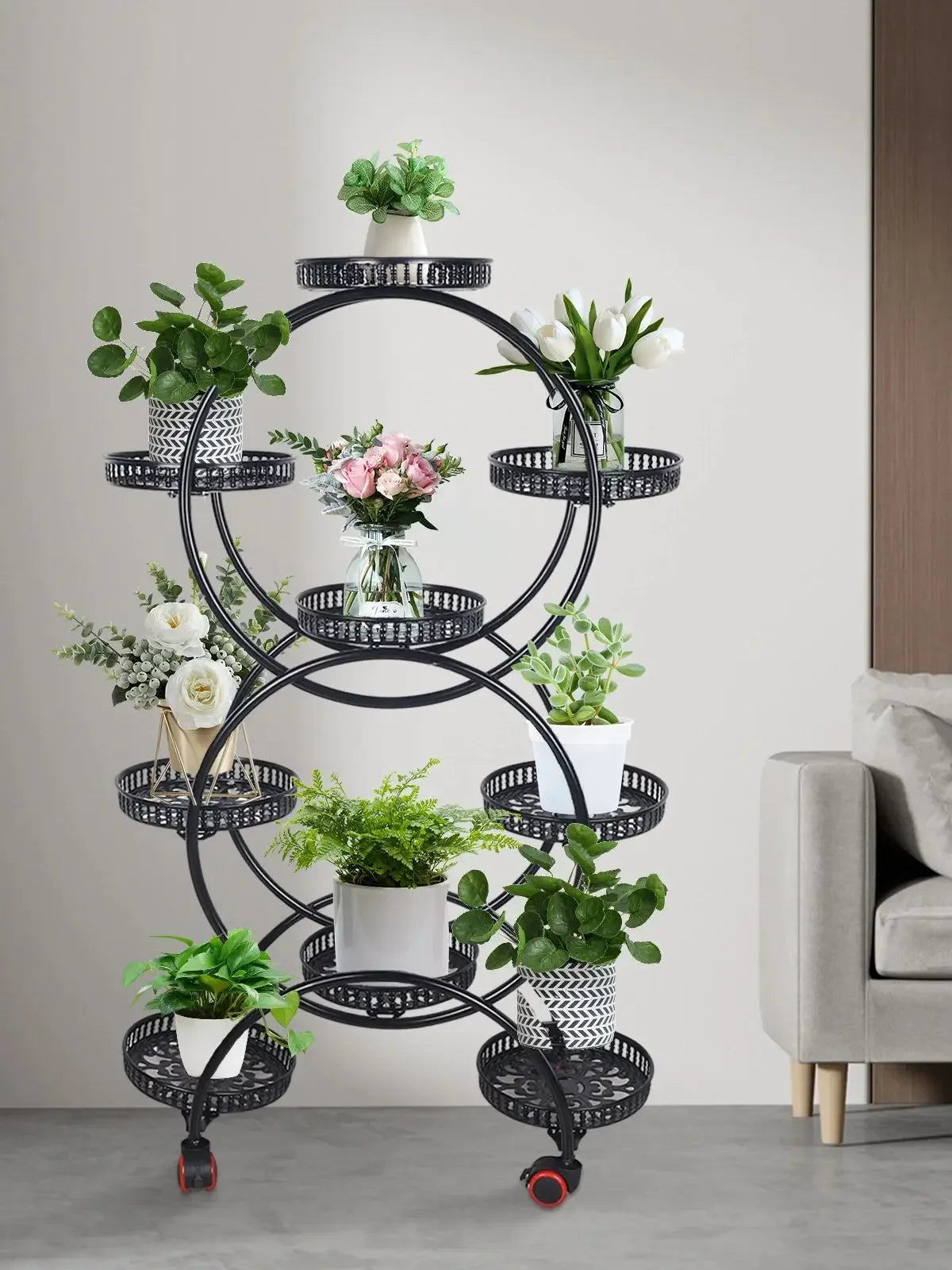 6-Tier 9-Pot Metal Plant Stand 148LBS Total Load 360° Universal Wheels Hollow Tray For Indoor Outdoor Patio Garden