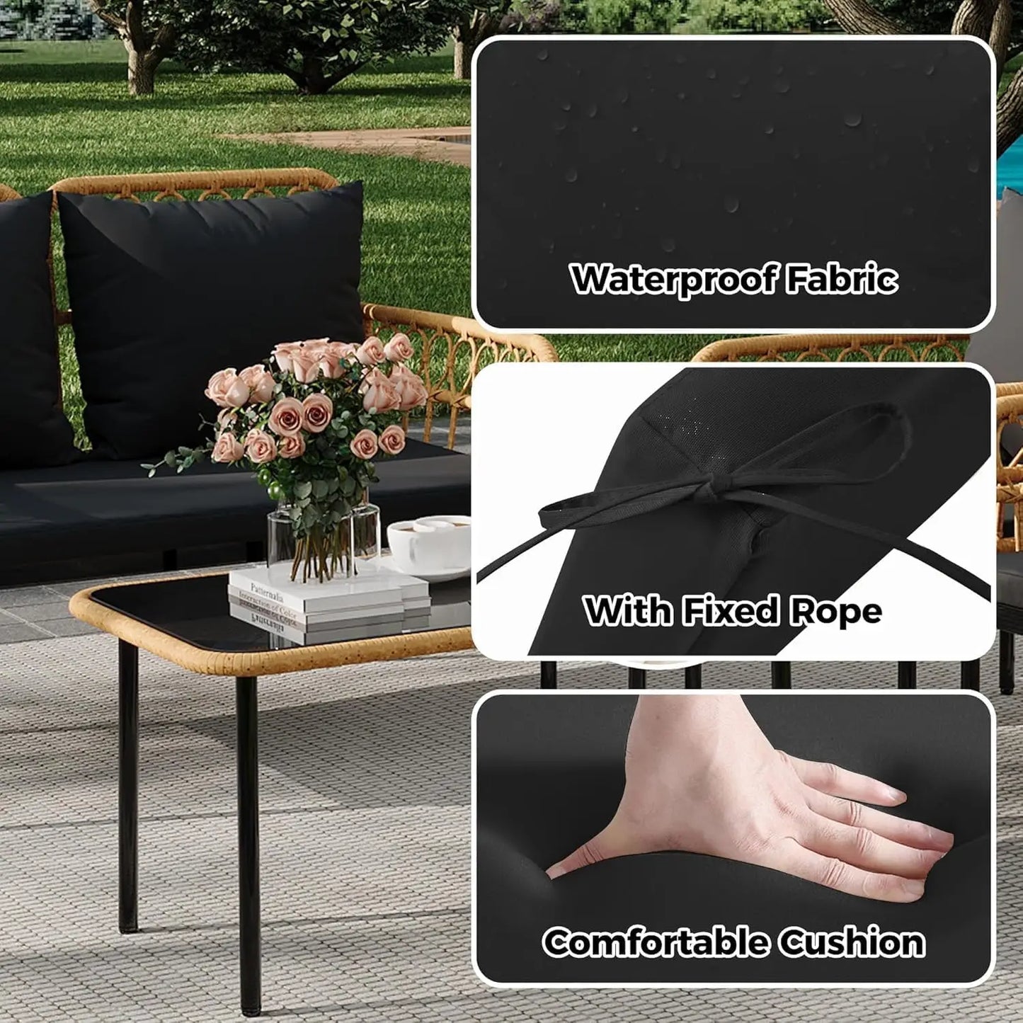 4-Piece Patio Furniture Set, Outdoor Wicker Rattan Chairs with Glass Table, Outside Bistro Set with Removable Cushions, Modern R