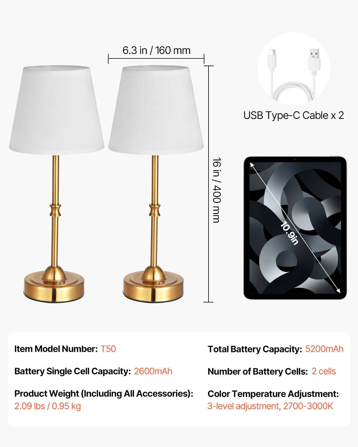 SucceBuy Cordless Table Lamp 5200mAh Rechargeable Battery 3 Brightness Levels
