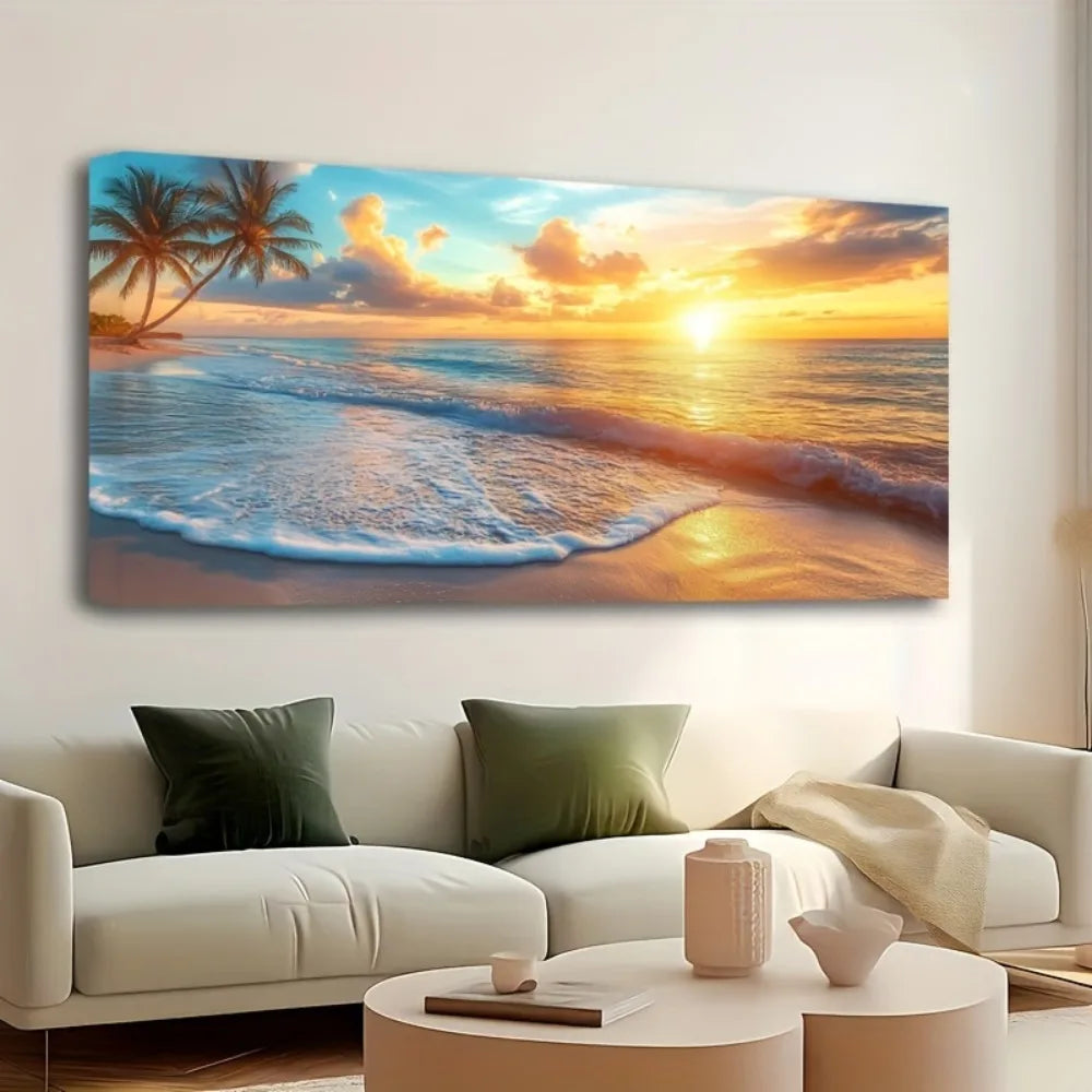Pine Solid Wood Frame Scenery Ocean Sunset Canvas Wall Art