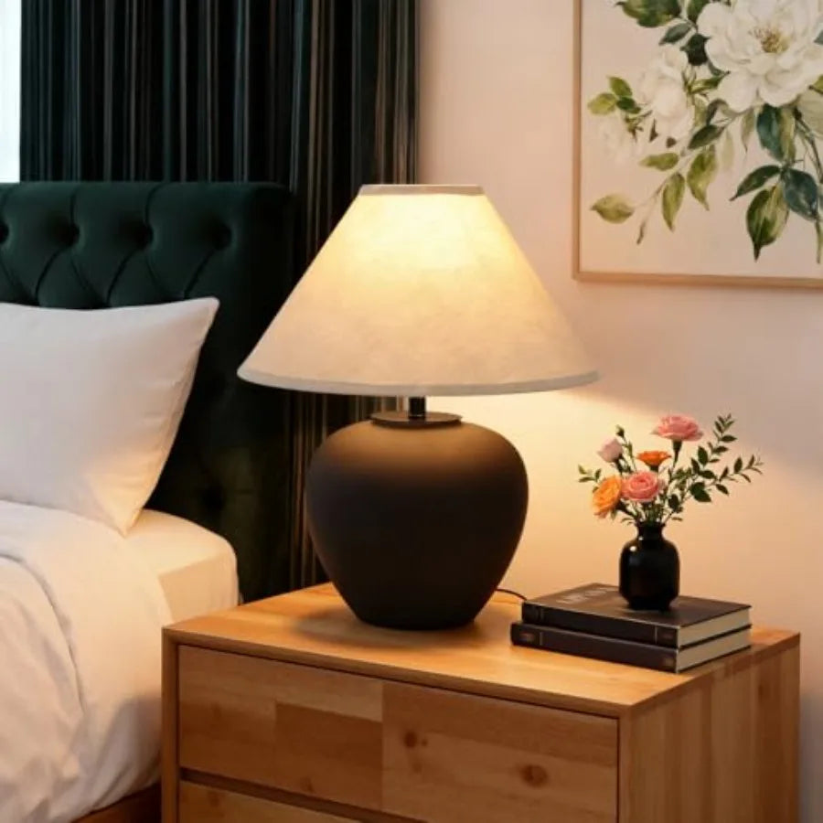 Ceramic Pot Table Lamp With Frosted Shade For Living Room