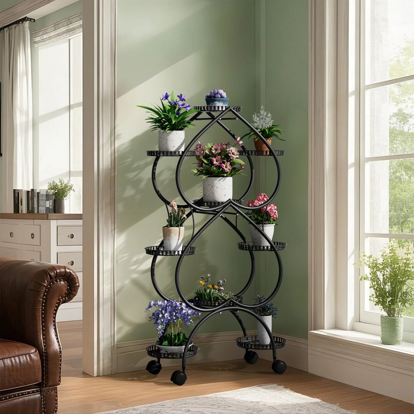Metal Plant Stand On Wheels With Nine Pots