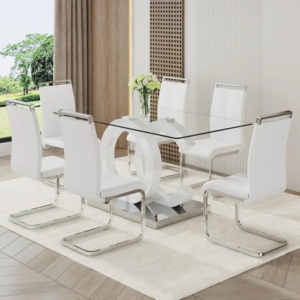 Glass Dining Table Set With Tempered Glass Top PU Chairs