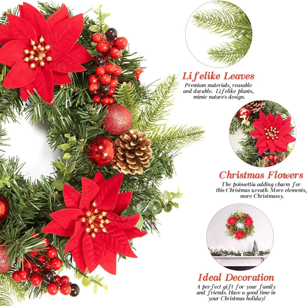 Garvee Christmas Wreath With Red Poinsettia Flowers For Holiday Decor