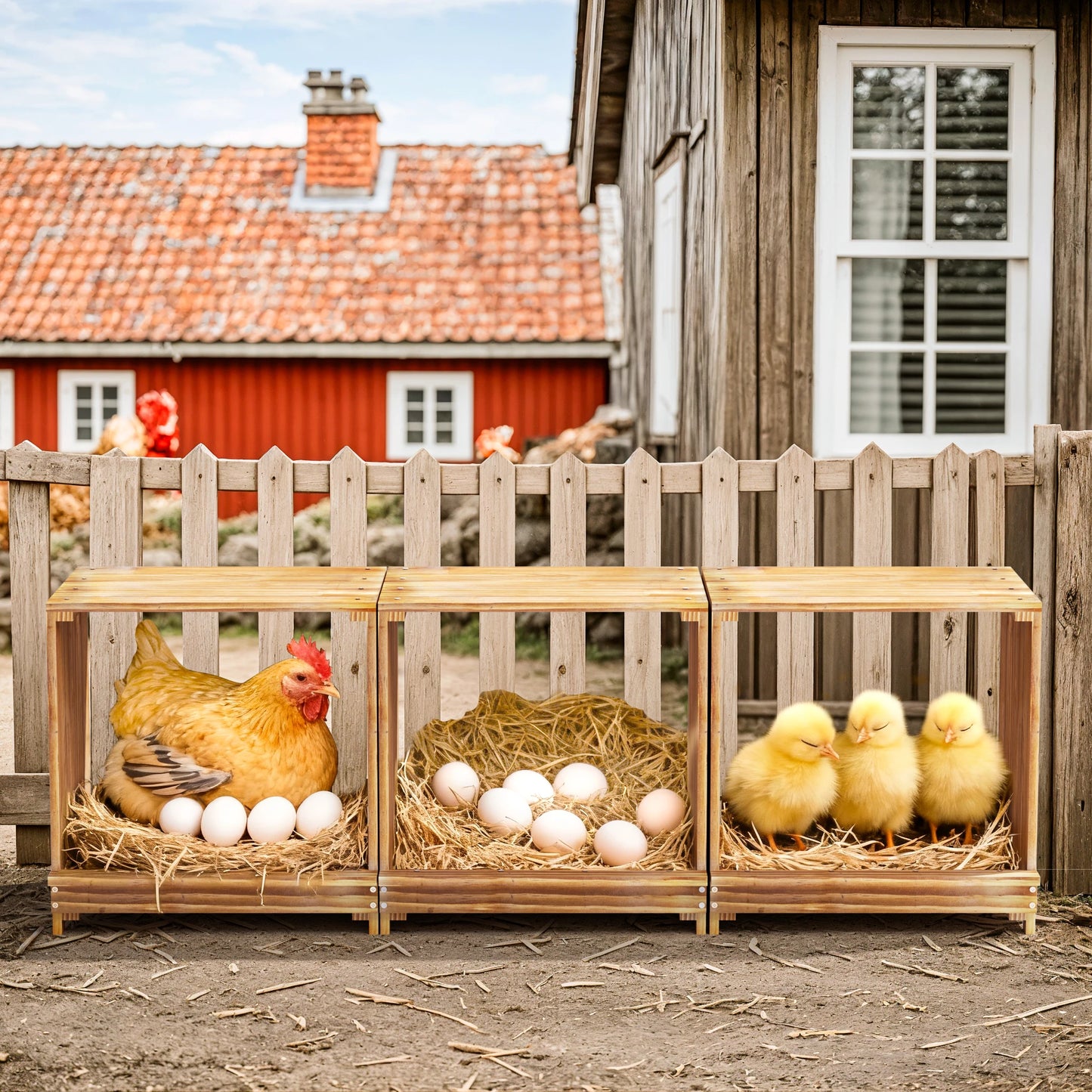 BORWART 3-Compartment Wooden Nesting Box For Chickens And Ducks