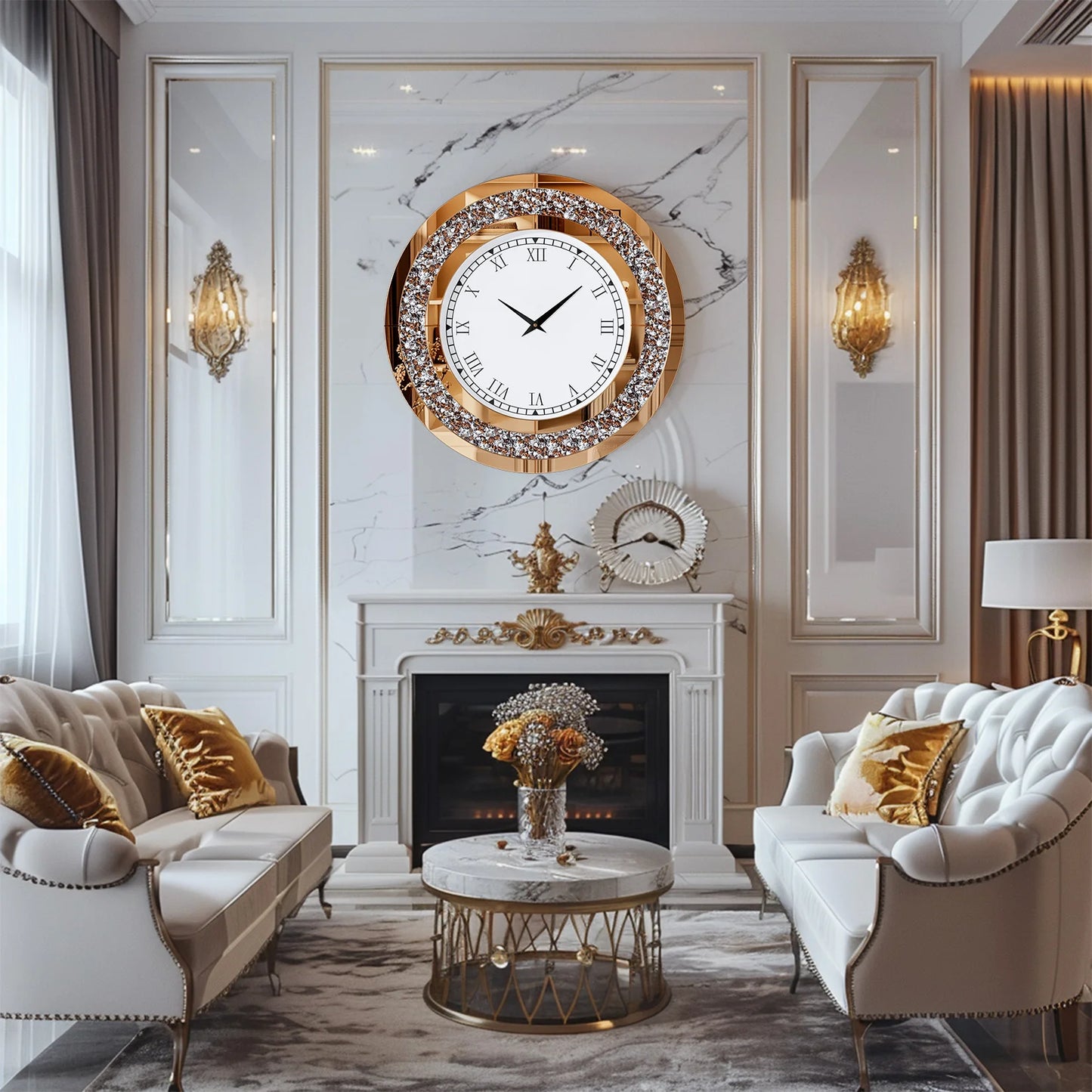 Round Mirror And Large Mirrored Wall Clock For Living Room