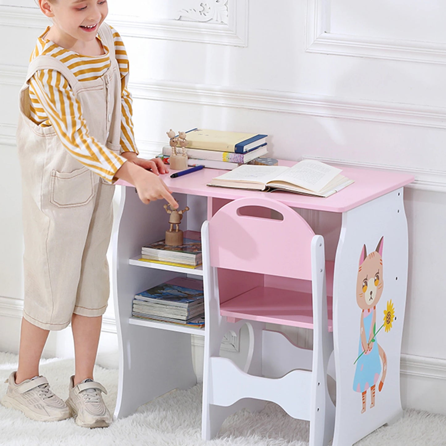 Cute Children Study Table Girls Kids Desk for Writing Kids Desk and Chair Set Study Room Furniture Children's Birthday Gift