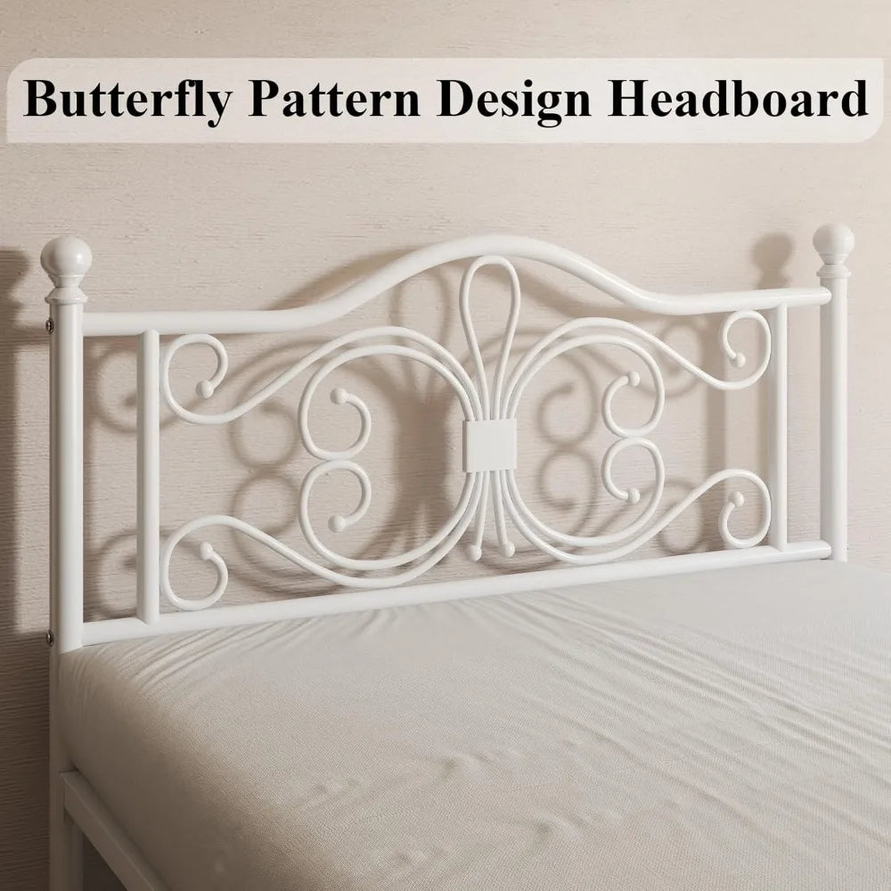 Full Size Metal Platform Bed Frame with Butterfly Headboard, No Box Spring Needed, Easy Assembly, White