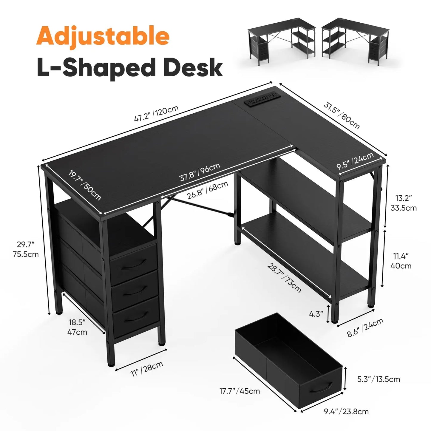 JHK L Shaped Computer Desk with Drawers And Power Outlet