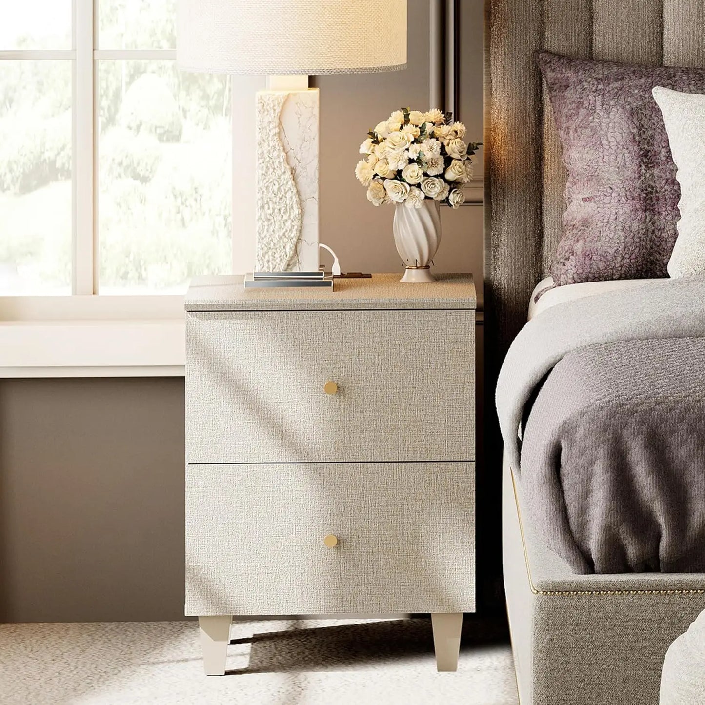 NONED Nightstand With Charging Station And Two Drawers
