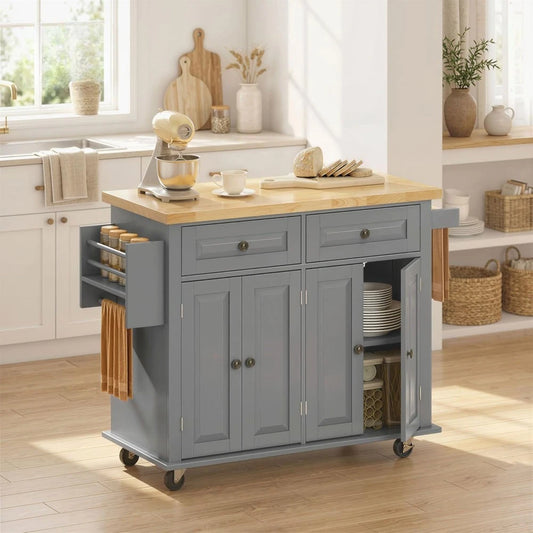 Kitchen Island Cart with Rubber Wood Top, Rolling Kitchen Island Table on Wheels with Drawers, Spice Rack and Towel Rack