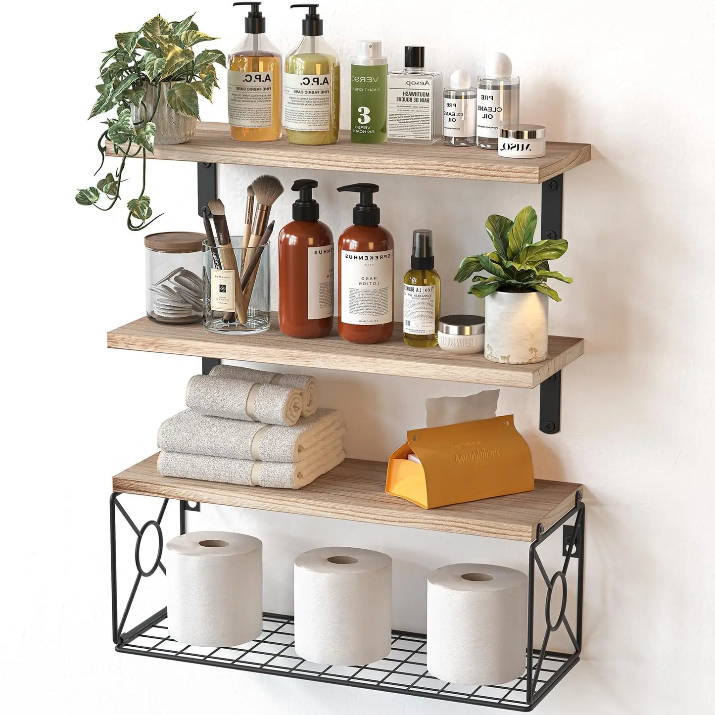 XIUWO Paulownia Wood Floating Shelf Over Toilet With Storage Basket