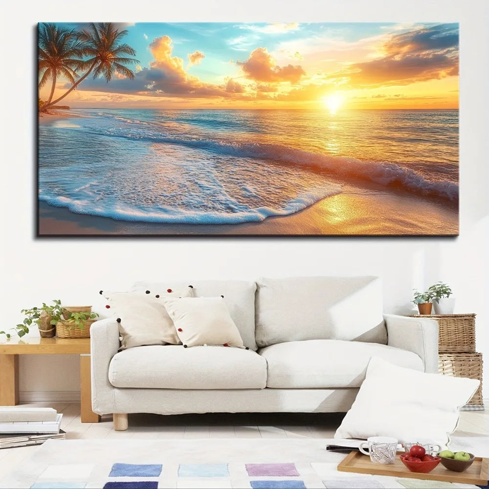 Pine Solid Wood Frame Scenery Ocean Sunset Canvas Wall Art