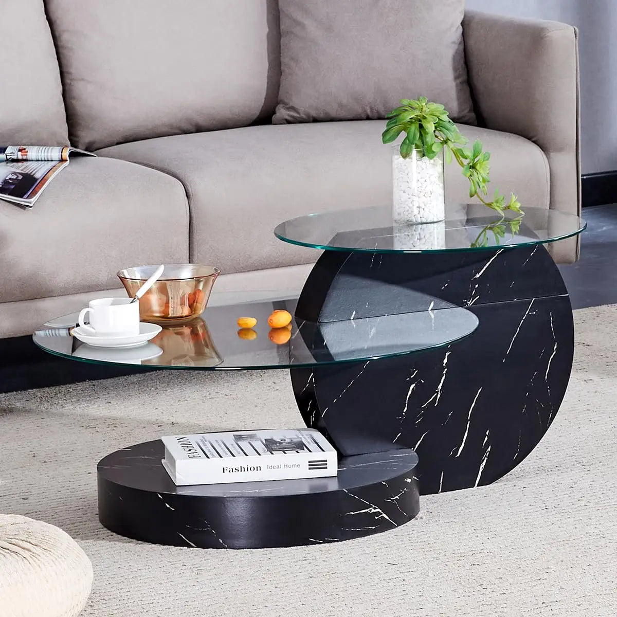 Tempered Glass Coffee Table With Three Tier Wood Base