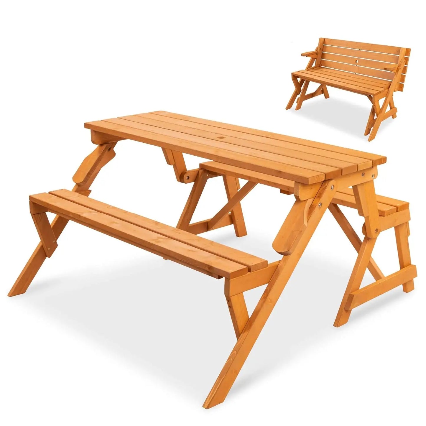 2-In-1 Transforming Outdoor Wooden Picnic Table Bench For Backyard Patio