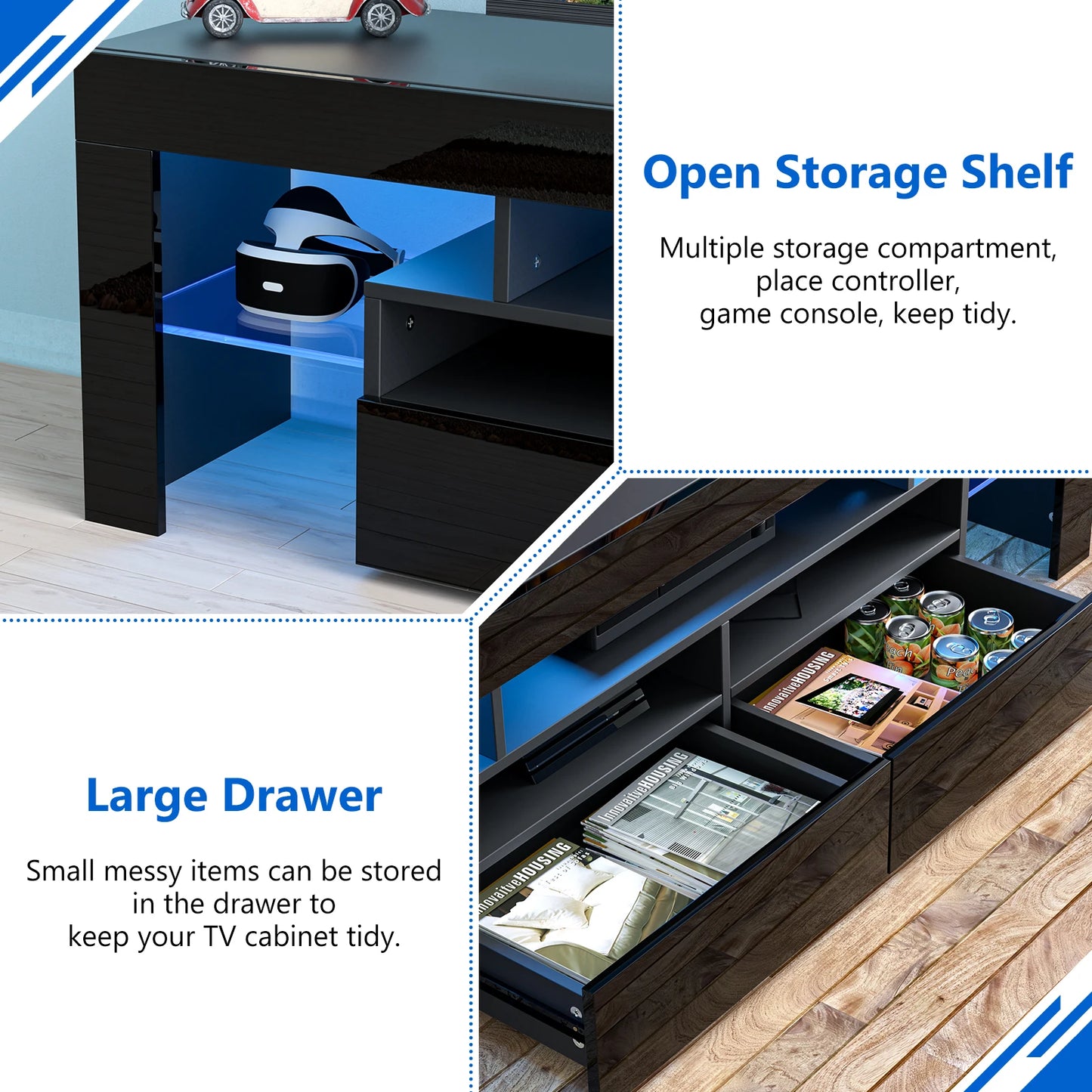 QiaoShiRen LED TV Stand With Storage Drawers Modern Black Cabinet