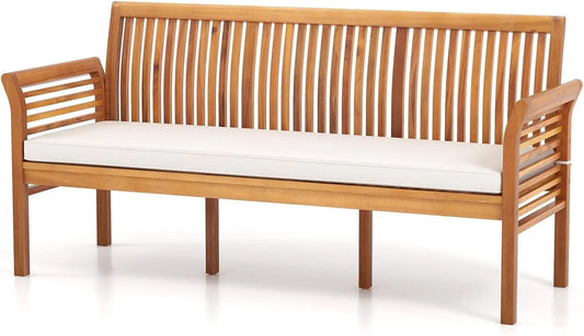 Wooden Outdoor Bench with White Cushion, Garden Bench with Curved Armrest & Slatted Back for Patio, Park & Porch