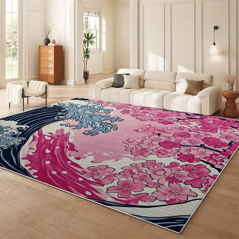 VIKAMA Japanese Cherry Blossom Wave Sofa Carpet Anti Slip Mat