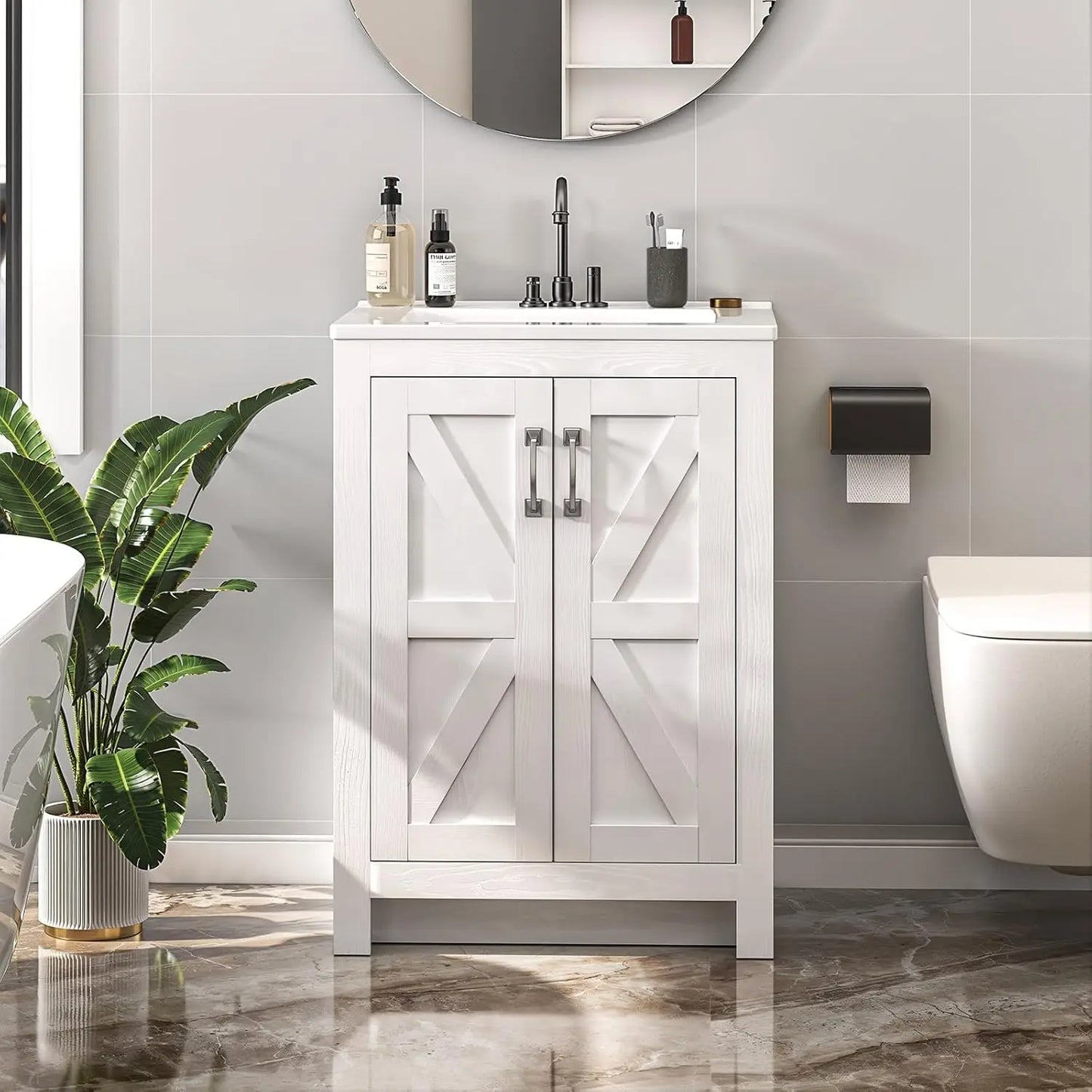 Bathroom Vanity with Ceramic Sink, 24 Inch Bathroom Vanities with 2 Soft-Close Door & Metal Handle, Modern Single, Customized