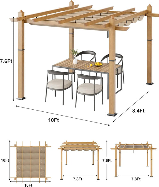 10X10FT 10X13FT Outdoor Pergola With Retractable Canopy,  Faux Wood Grain Metal Patio Gazebo, Modern Yard Pergola Shelter