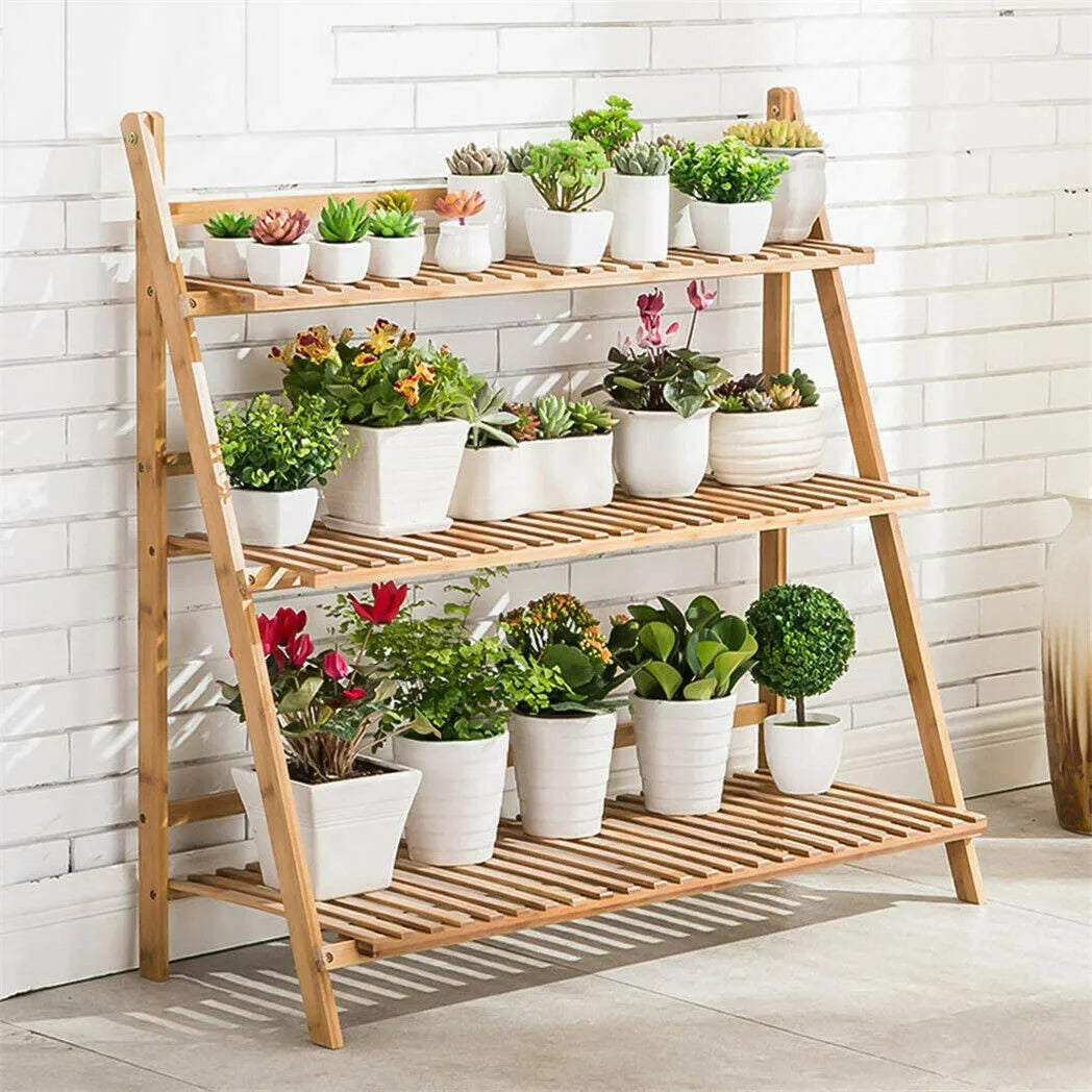 Three Tier Bamboo Plant Stand For Indoor Outdoor Display