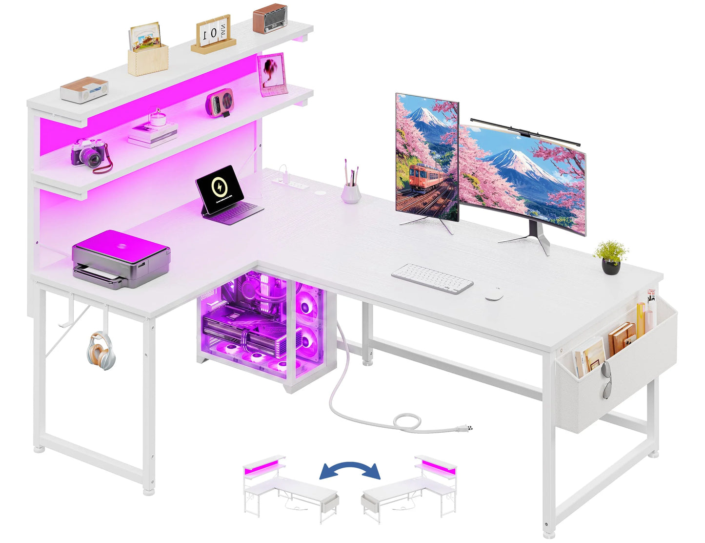 EnHomee L Shaped Office Desk With RGB LED Lights And Storage Shelf
