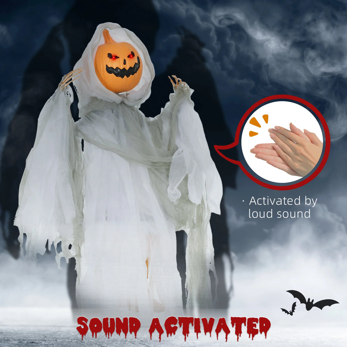 HOMCOM 3.9' Outdoor Hanging Halloween Decoration, Pumpkin Ghost, Sound Activated Prop with Light Up Eyes & Creepy Howling Sounds
