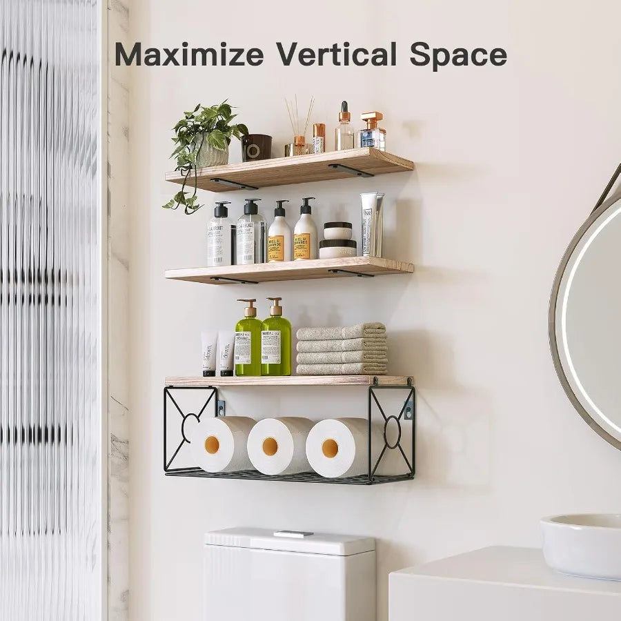 XIUWO Paulownia Wood Floating Shelf Over Toilet With Storage Basket