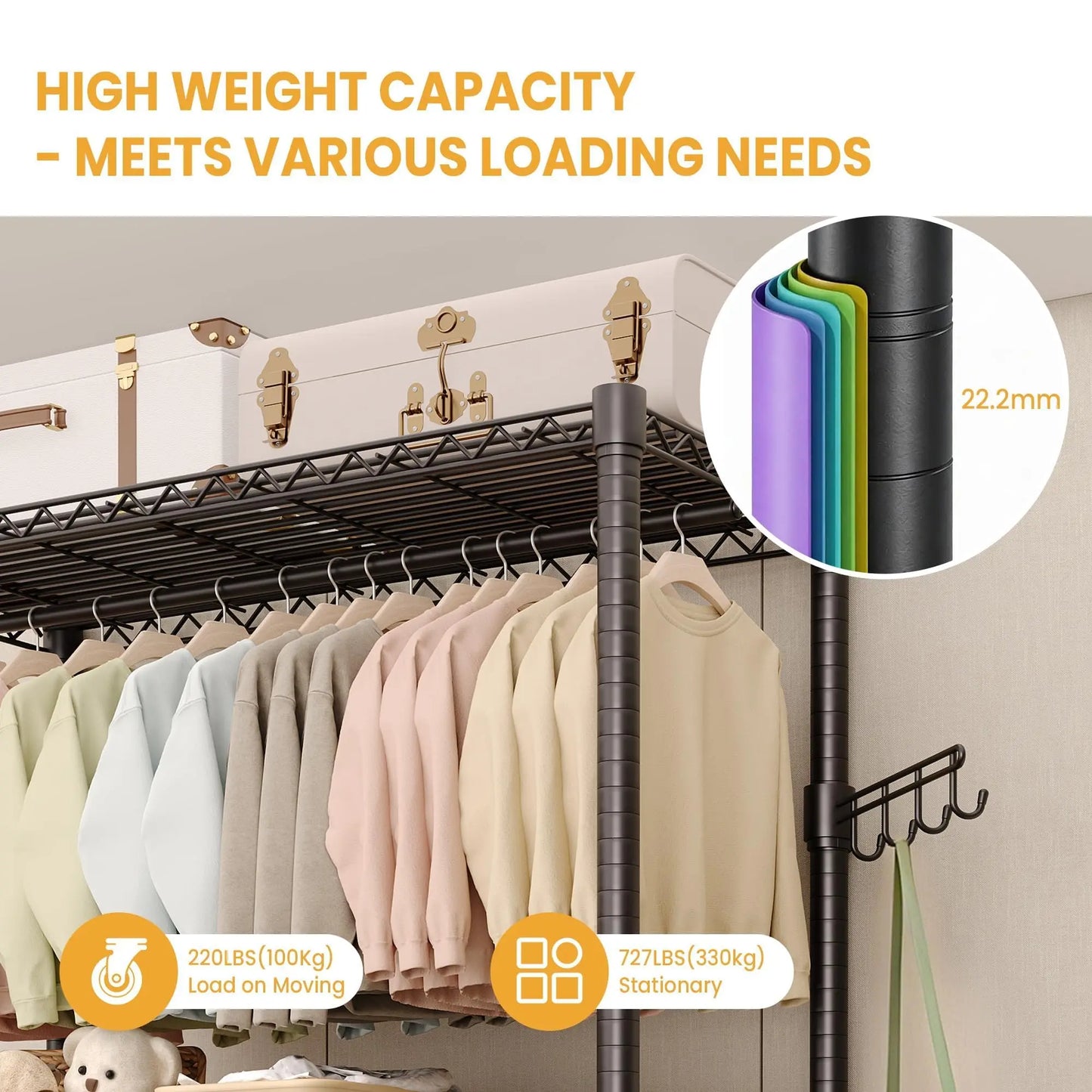 HiMISS 3-Tier Rolling Garment Rack With Adjustable Shelves