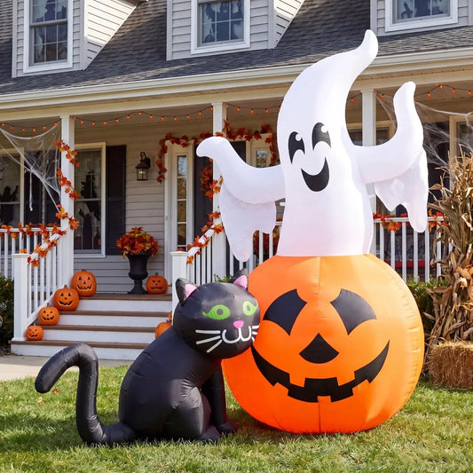 Joyfy Lighted Ghost Pumpkin With Cat Halloween Inflatable Decoration