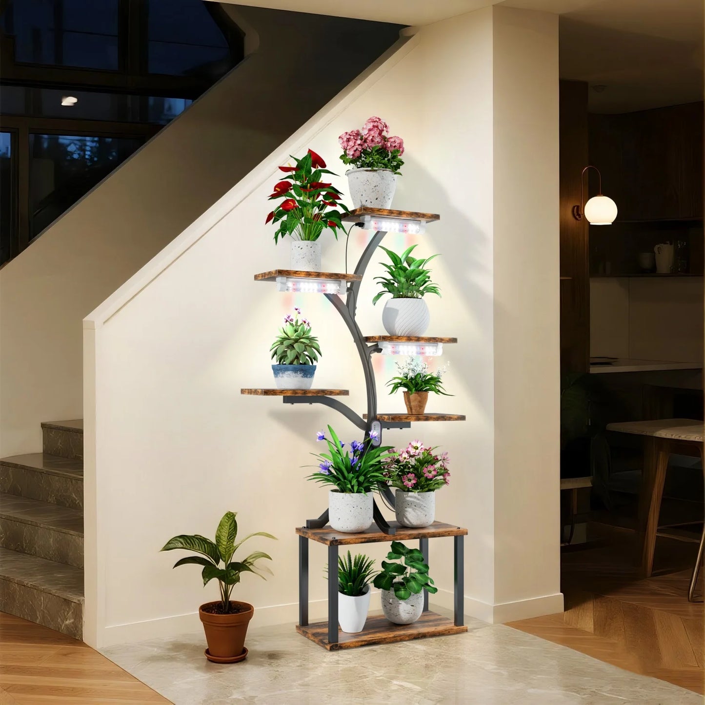 7 Tier Tree Shaped Plant Stand Metal Display With Lights
