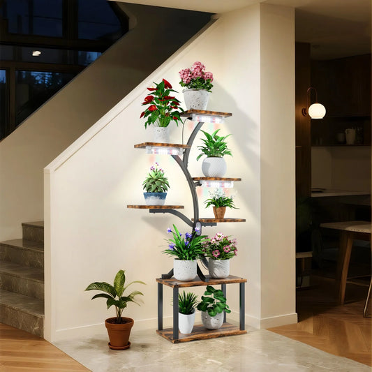 7 Tier Tree Shaped Plant Stand Metal Display With Lights