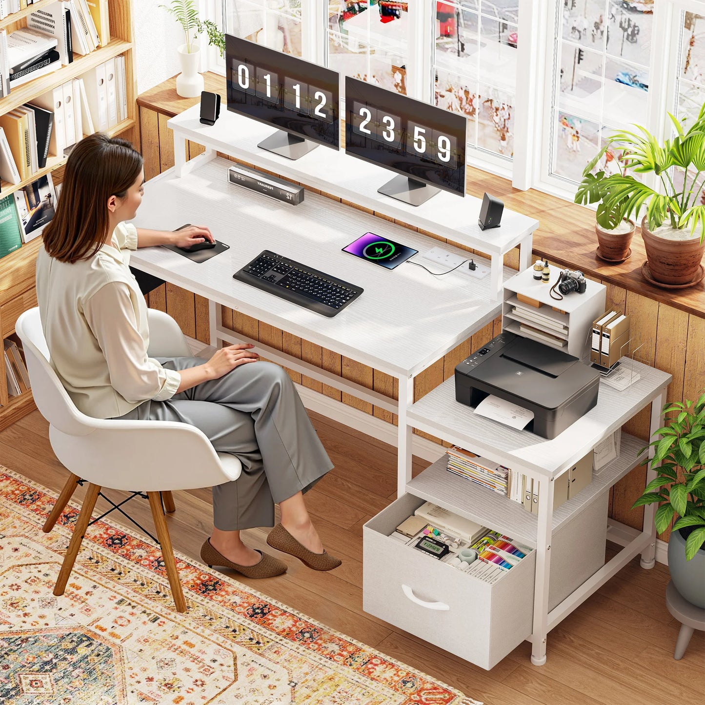 EnHomee 40 inch Office Desk With Monitor Stand And Charging