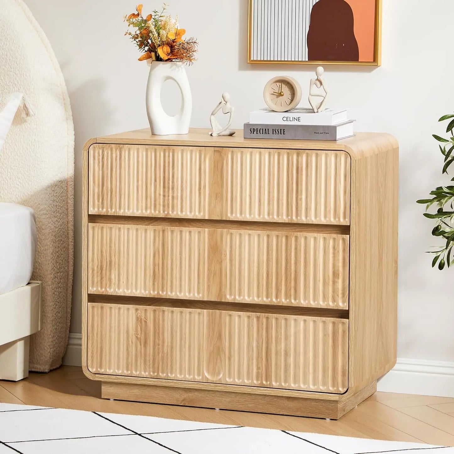 Fluted 3 Drawer Dresser, Mid Century Modern Wood Bedroom Furniture