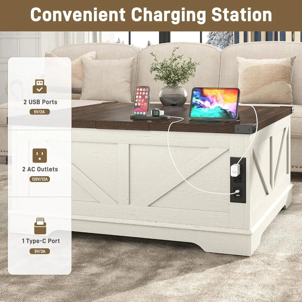 Farmhouse Lift-Top Coffee Table With Power Outlets And Hidden Storage