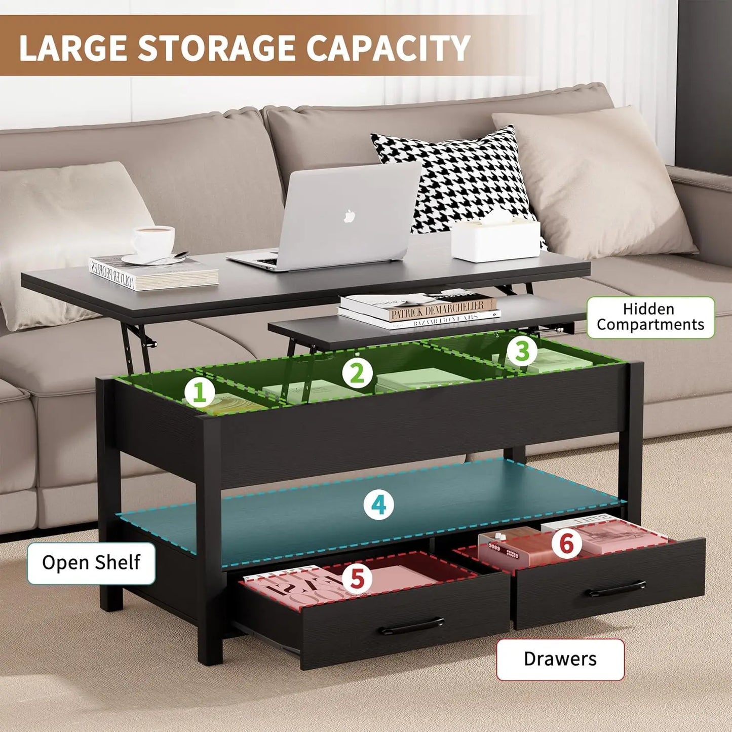 Guangbai Lift Top Coffee Table With Storage And Hidden Compartments