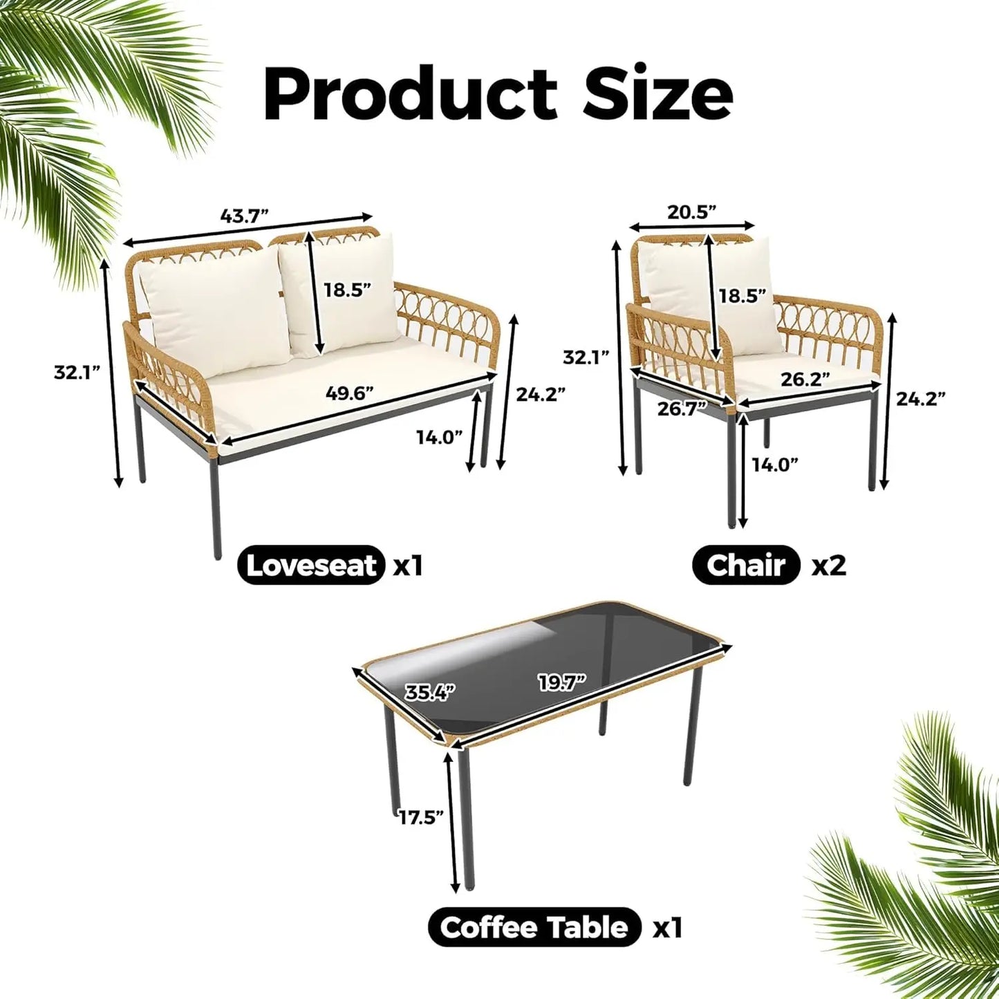 4-Piece Patio Furniture Set, Outdoor Wicker Rattan Chairs with Glass Table, Outside Bistro Set with Removable Cushions, Modern R