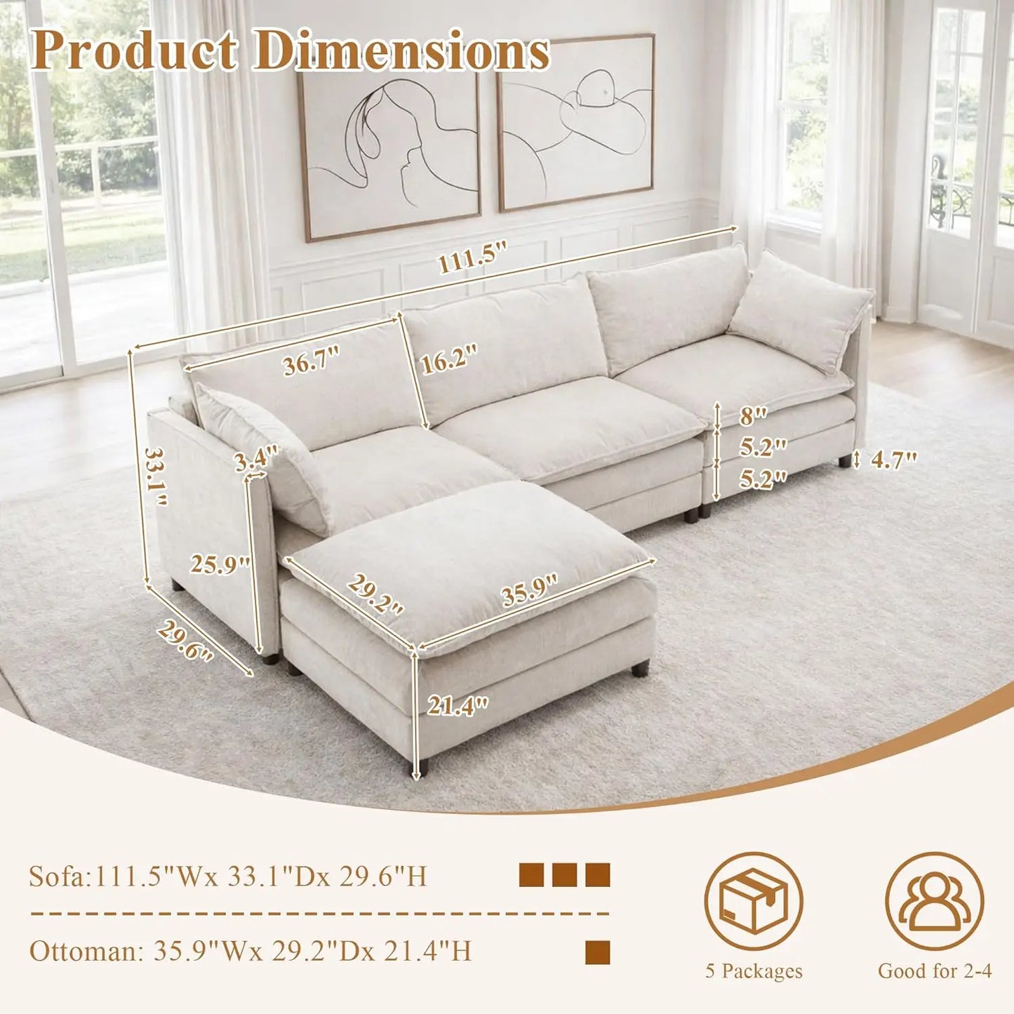 L Shaped Modular Sectional Sofa Chenille Cloud Couch Movable Ottoman