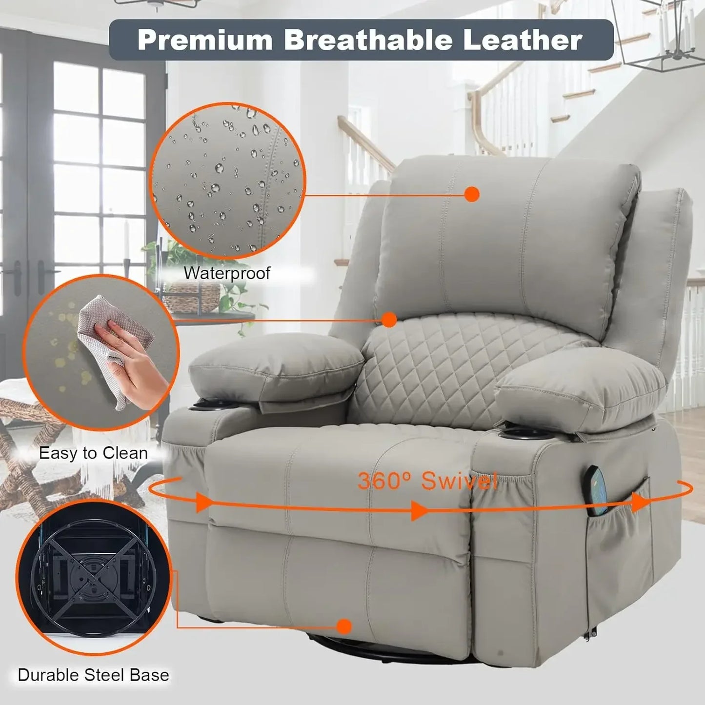 Overstuffed Massage Rocker Recliner Chair With Heat Faux Leather