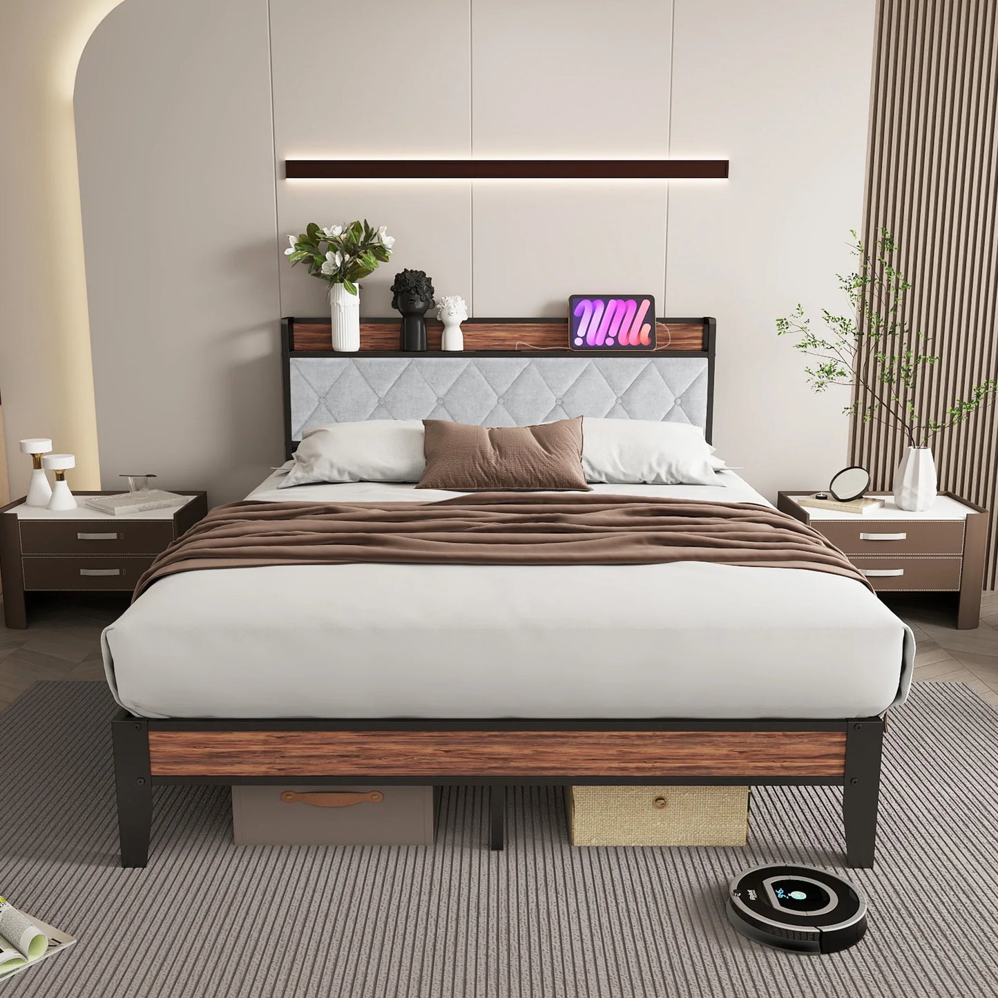 JHK Heavy Duty Metal Bed Frame With Charging Station